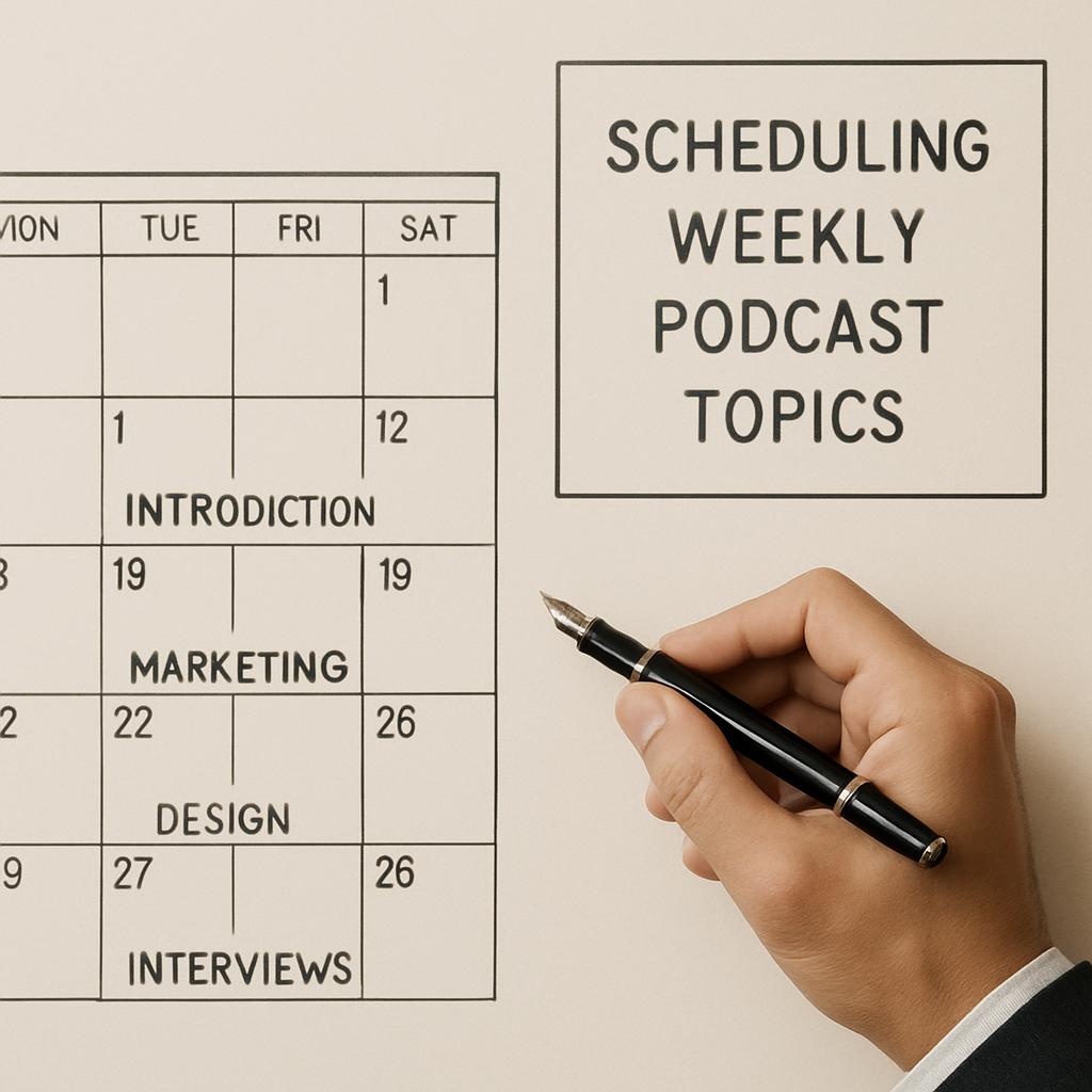 "Scheduling Weekly Podcast Topics in a Calender Against Angry Beige Background."