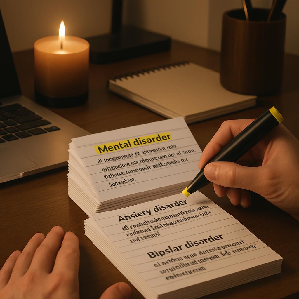 Two stacked decks of index cards with the words "Mental disorder", "Ansiery disorder", and "Bipslar disorder" written in b...