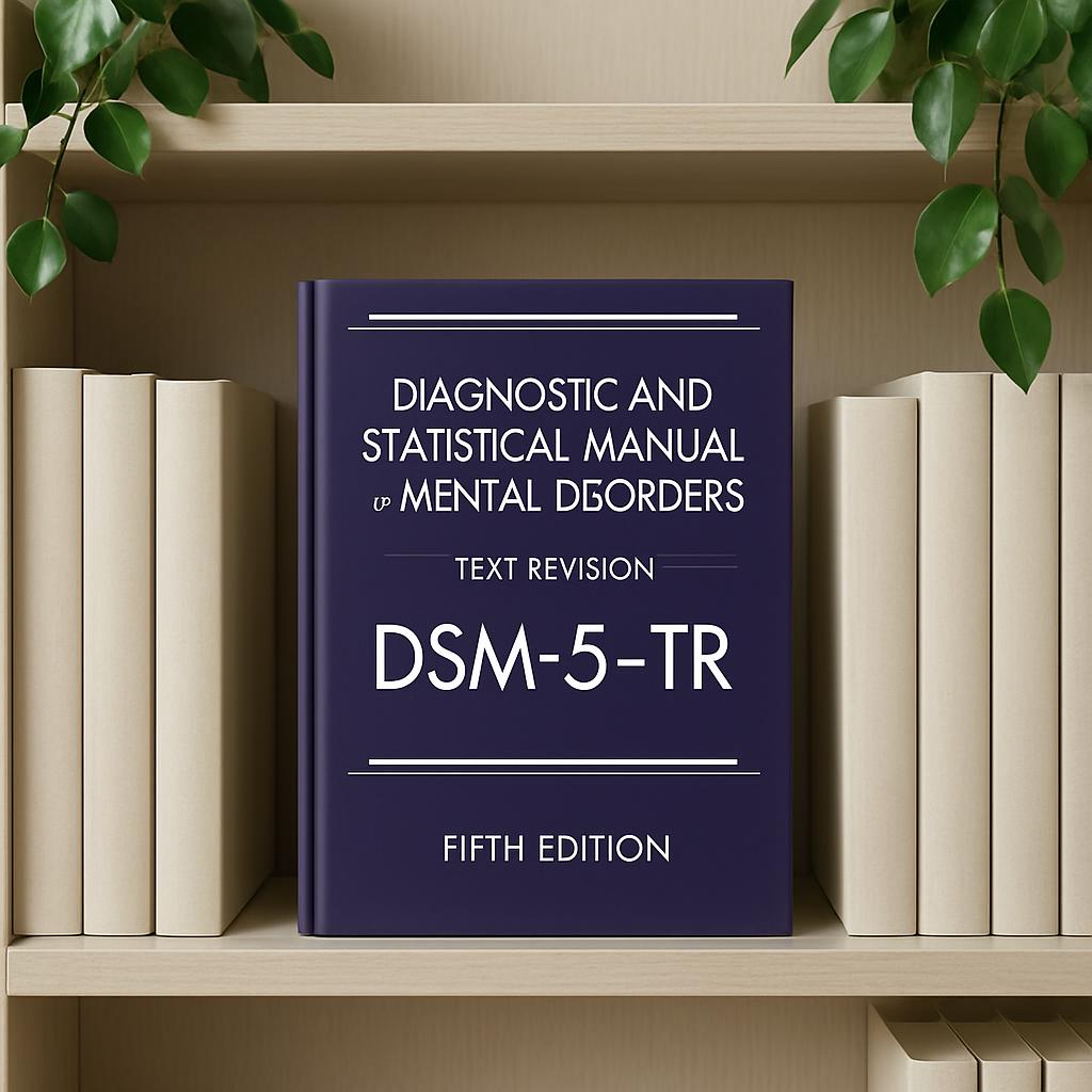 A book titled "Diagnostic and Statistical Manual of Mental Disorders, 5th Edition" on a bookshelf, surrounded by other boo...