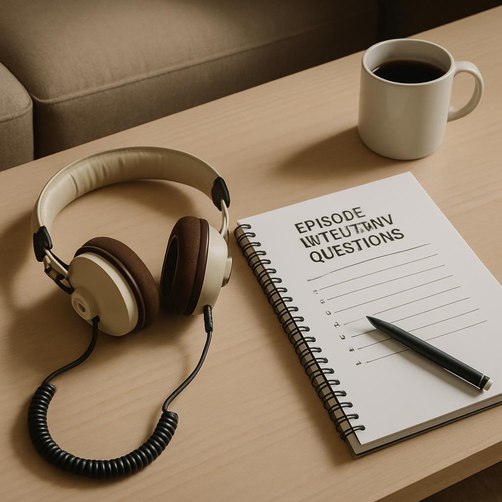 Flat headphones and a notebook on a light-colored wood surface with a cup of coffee nearby. The notebook reads Episode LWT...