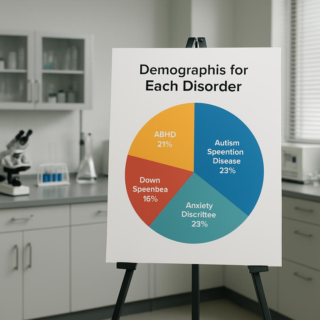 A pie chart, titled "Demographics for Each Disorder," displays various autism-related disorders on a whiteboard in a class...