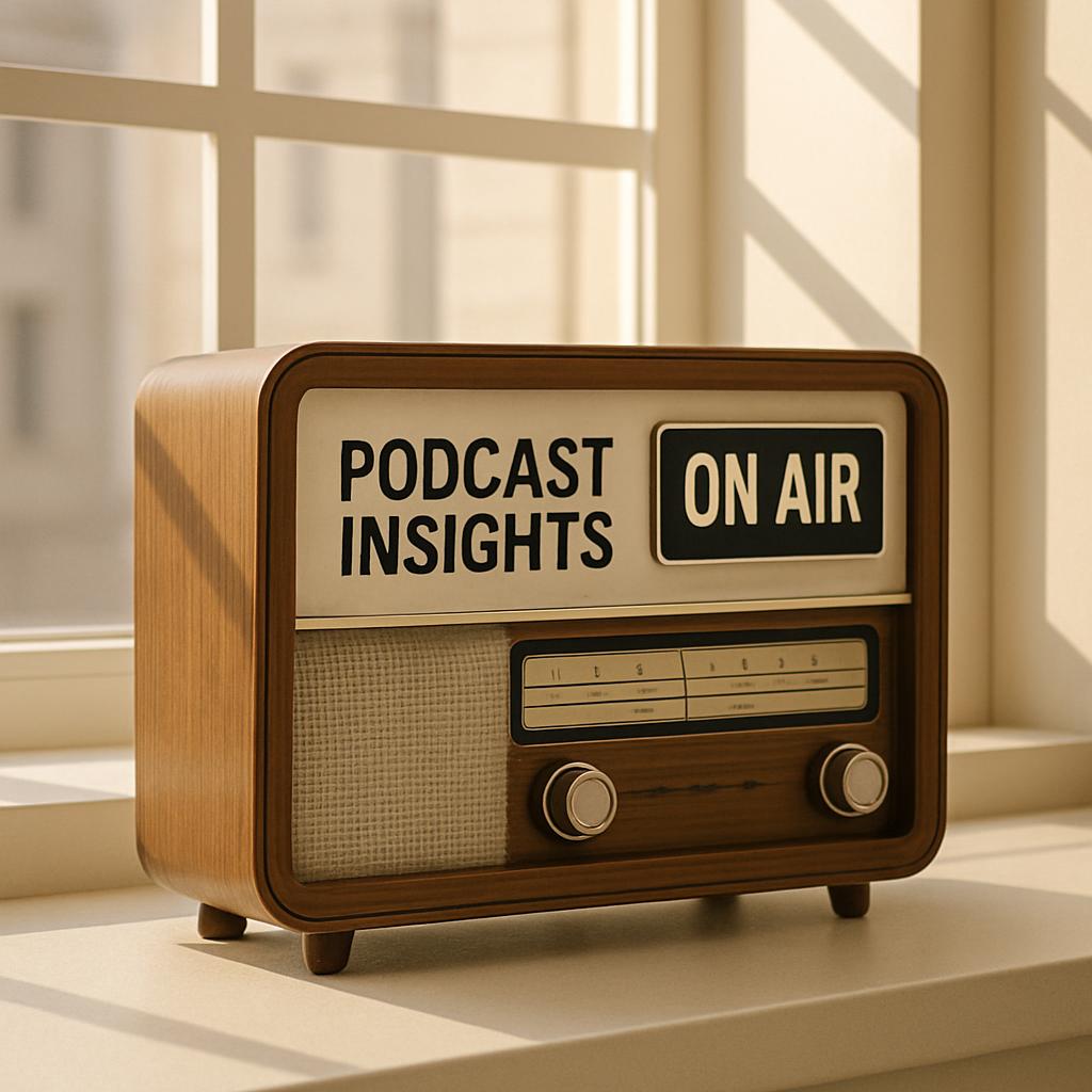 "An old-fashioned radio with a sign that says 'on air,' alongside a message stating 'podcast insights.'"