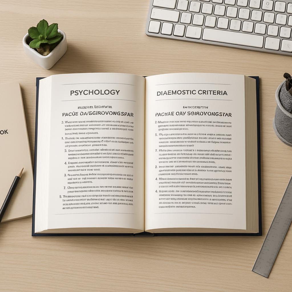 An overhead photograph of the interior of a hardbound book on a flat surface, open to two pages detailing psychosocial and...